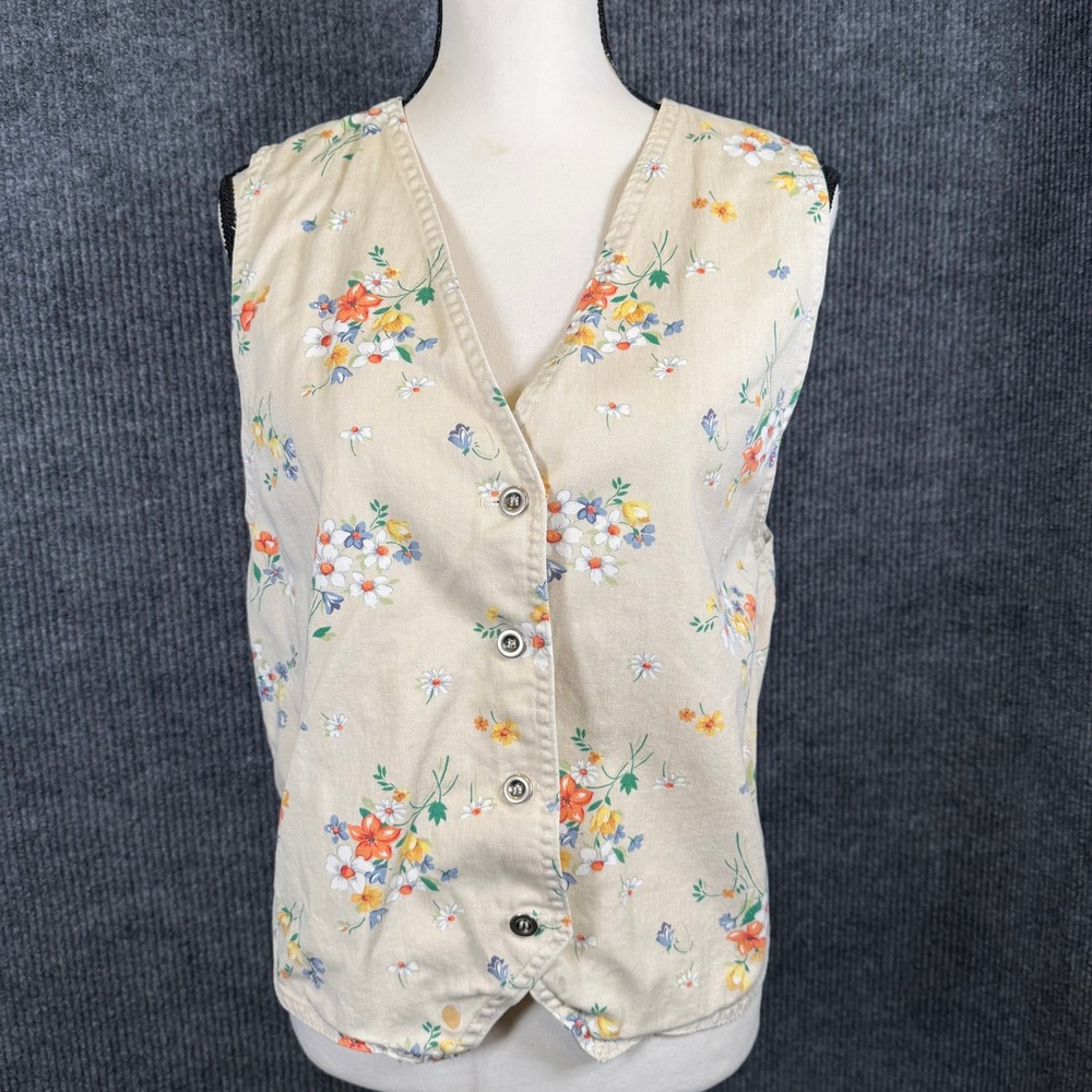 Vintage 90s Vivaldi Floral Cottagecore Vest Womens L Beige Button Front USA Made
